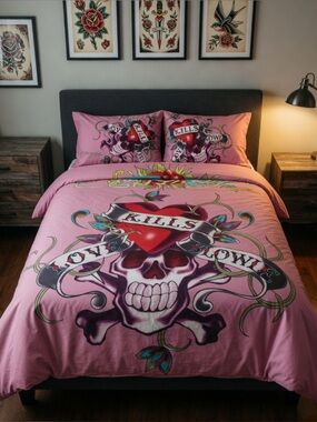 Ed Hardy Pink Skull & Heart “Love Kills Slowly” Full Size Graphic Duvet Cover